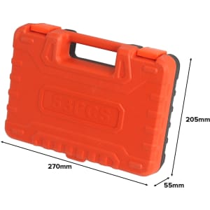 An orange mechanic socket set case with a handle, measuring 270mm x 205mm x 55mm, featuring a branding logo.