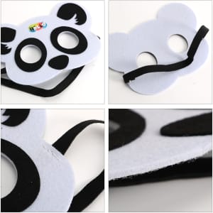A felt panda mask in grey and black, featuring eye holes and a black elastic strap, with a logo.