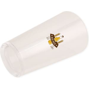 A clear beverage glass tumbler featuring a logo, with a sleek design and rounded base.