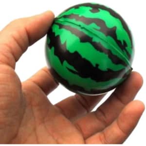 A hand holding a round stress reliever shaped like a watermelon, featuring green and black striped colouring.