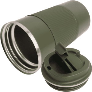 A stainless steel travel coffee mug in olive green with a silver rim and a flip-top lid. It features a textured grip.