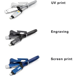 A charging cable in multiple colours with a built-in phone stand and opener, featuring various printing options and a logo.