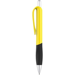 A plastic pen with a yellow barrel and black grip, featuring a silver clip and tip, with a logo present.