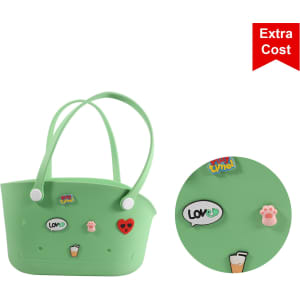 A green EVA bag with decorative badges, featuring handles and a smooth surface. The bag has a logo.