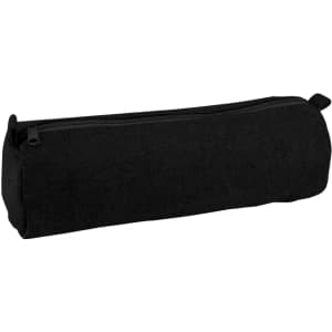 A black canvas pencil case with a zip closure, featuring a simple and sleek design.
