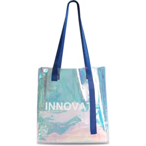 A transparent PVC waterproof tote bag with blue straps, featuring an iridescent finish and a logo.