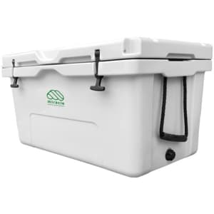 A white 85L cooler box featuring a logo, with sturdy handles and a drain plug.