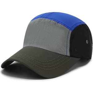A lightweight five-panel flat bill cap in blue, grey, and black with a green brim and a logo.