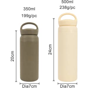 A drink bottle duo featuring a 350ml olive green option and a 500ml beige option, both with handles and a logo.