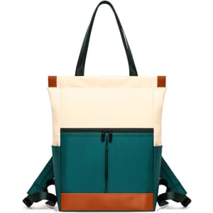 A convertible nylon backpack in cream, teal, and brown with adjustable straps and a top handle. It features a front zip pocket.