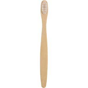 A small bamboo toothbrush with a light bamboo handle and white bristles, featuring a plain design.