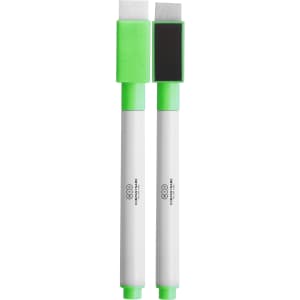 A pair of green and white magnetic whiteboard markers with chisel tips. Each marker has a logo on the barrel.