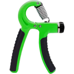 A green and black adjustable hand grip with rubberised handles and a metal spring. It features a dial for resistance adjustment.