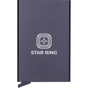 A sleek metallic RFID card holder in dark grey, featuring a simple logo on the front.