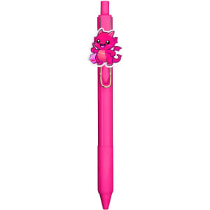 A pink acrylic pen featuring a dragon character clip and a branding logo on the body.