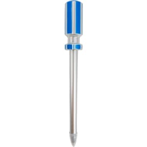 A blue and silver ballpoint pen shaped like a screwdriver, featuring metallic detailing and a logo.