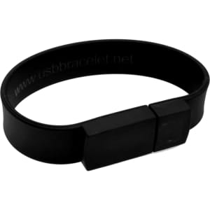 A rectangular black silicone wristband flash drive with a simple connector and a logo.