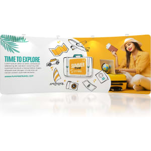 A 6m C-shaped tension fabric display wall featuring a vibrant design with illustrations and a model holding a smartphone.