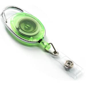A green retractable card holder with a clear attachment mechanism and a metal swivel clip.
