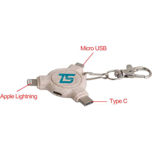 A 3-in-1 wheat straw data blocker in cream colour with keyring attachment, featuring USB-C, Micro USB, and Apple Lightning connectors.