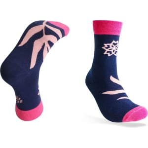 Custom pattern woven socks in navy blue with pink accents and floral designs. Includes a logo.