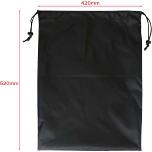 A black travel laundry bag with drawstring closure, measuring 420mm by 520mm. It features a logo.