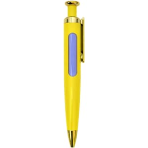A yellow and purple pen with a rocket-shaped top and a clip. Features a branding logo.