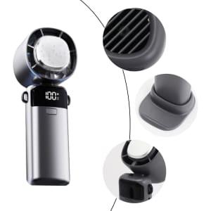 A portable grey cooling fan with a phone stand and digital display, featuring a sleek, compact design.