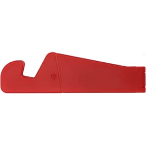 A red V-shaped iPhone and iPad stand with a simple design and a logo.