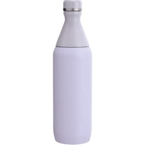 A drink bottle in matte white with a stainless steel lid, featuring a slim design and double wall insulation.