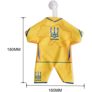 A custom mini jersey in yellow with blue accents and a logo, featuring a map outline of Ukraine.