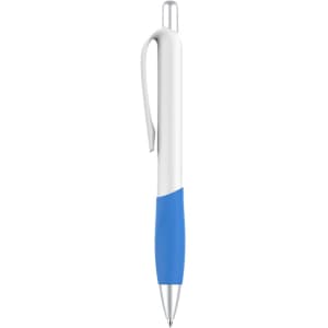 A plastic pen with a creamy white barrel and a blue grip, featuring a clip and a silver tip.