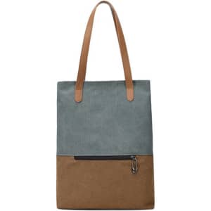 A convertible canvas backpack to tote bag in grey and brown, featuring two leather straps and a zippered pocket.
