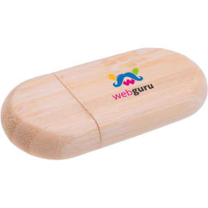 A bamboo flash drive with a rounded oblong shape and a logo displayed on the surface.