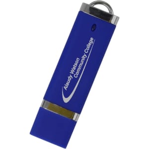 A blue flash drive with a silver cap and a logo on the side. Ideal for storage and transfer of data.