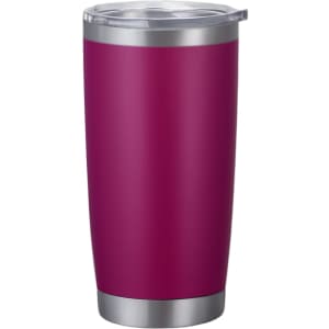 A drink bottle featuring a vibrant purple exterior and a stainless steel base with a clear lid. It has a logo.