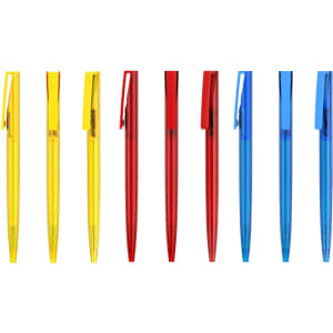 A collection of pens featuring transparent barrels in yellow, red, and blue, with matching caps and clips.