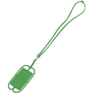 A green phone holder with a silicone lanyard, featuring a slot for the device and a durable strap.