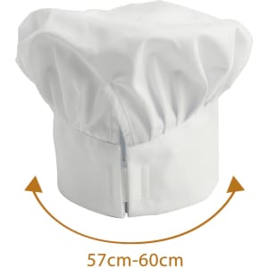 A white adult chef hat with an adjustable size of 57cm to 60cm, featuring a logo.