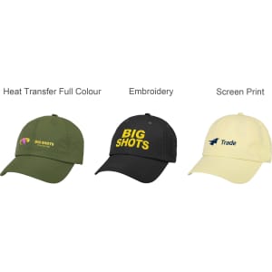 Three lightweight caps in olive green, black, and pale yellow, featuring different branding methods.