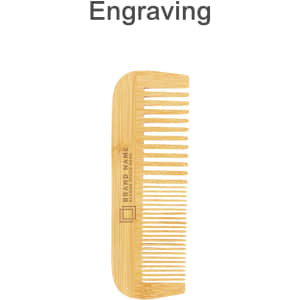 A mixed-tooth bamboo comb in a natural finish, featuring a logo and engraved text.