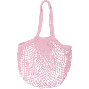 A pink mesh grocery bag with two handles and a spacious netted design.