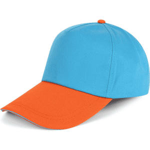 A blue and orange Sandwich Bill Hat with a curved brim and a logo on the front.