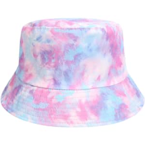 A tie dye bucket hat featuring a blend of pink, blue, and purple colours. It has a branded logo.