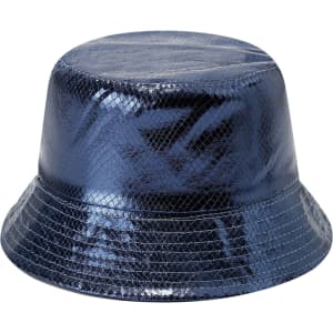 A shiny navy blue bucket hat with a textured finish and a logo on the side.