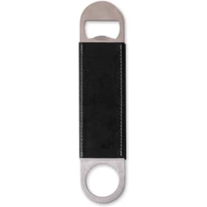 A drink bottle opener featuring a stainless steel head and a black PU handle. The product has a logo.