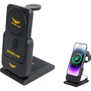 A black 3-in-1 power bank charging station with a wireless charger and a phone stand. Includes a logo.
