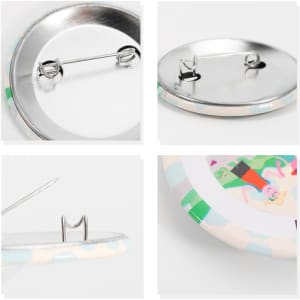 A collection of button badges featuring a colourful design, metal backs with pins, and a shiny finish.