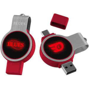 A red and silver double-ended swivel flash drive with a logo on its body and a protective cap.