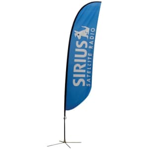 A convex feather banner featuring a blue design and a logo, with a black base for stability.